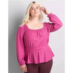 Lane Bryant Womens Plus 18/20 Square Neck Elastic Dot Peplum Long Sleeve Blouse